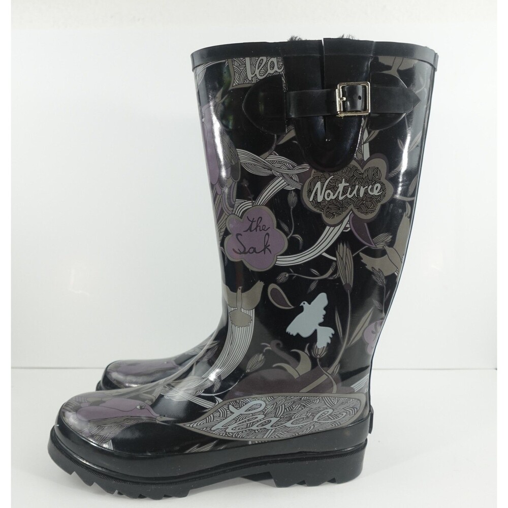 Sakroots Women's Rain Boots Black Floral Purple Butterfly Mid-Calf Size 9 - Picture 7 of 10